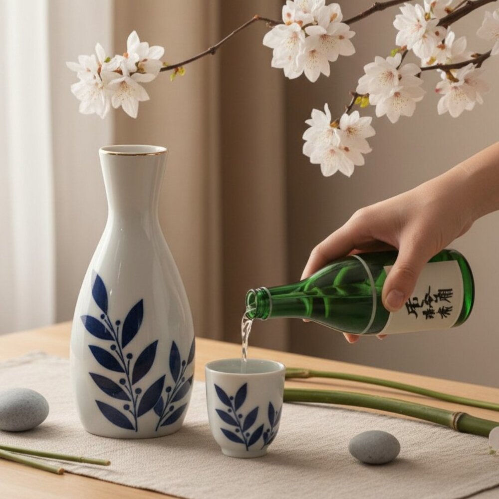 VTG Asian Japanese Sake Heian Jug Vase Mini White and Coblt Blue Florals